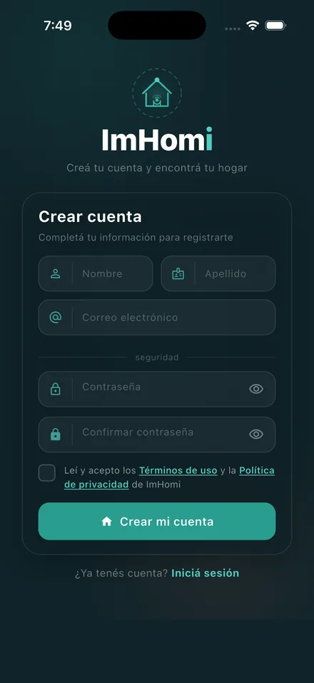 Pantalla de registro de ImHomi